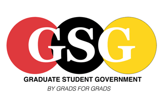 Graduate Student Government logo in red, yellow and black. Reads GSG Graduate Student Government by Grads for Grads.
